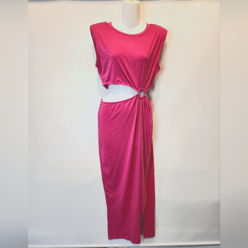New Hot Pink Cutout Midriff Dress Sexy Bodycon‎ Side Slit Women's Size M